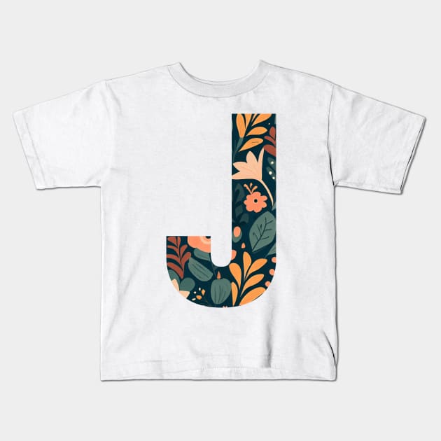 Whimsical Floral Letter J Kids T-Shirt by BotanicalWoe